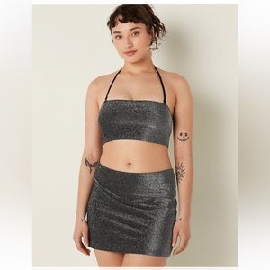 PINK BY VS SWIM SHIMMER BANDEAU BIKINI TOP & COVER-UP MINI SKIRT pure black